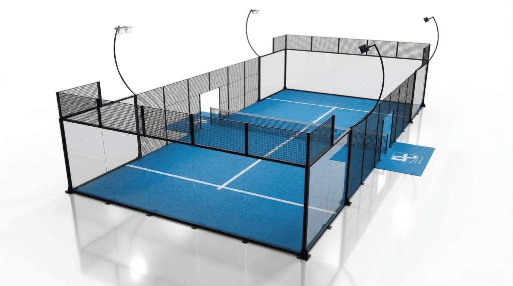 Panoramic padel court render with glass sides for spectator visibility