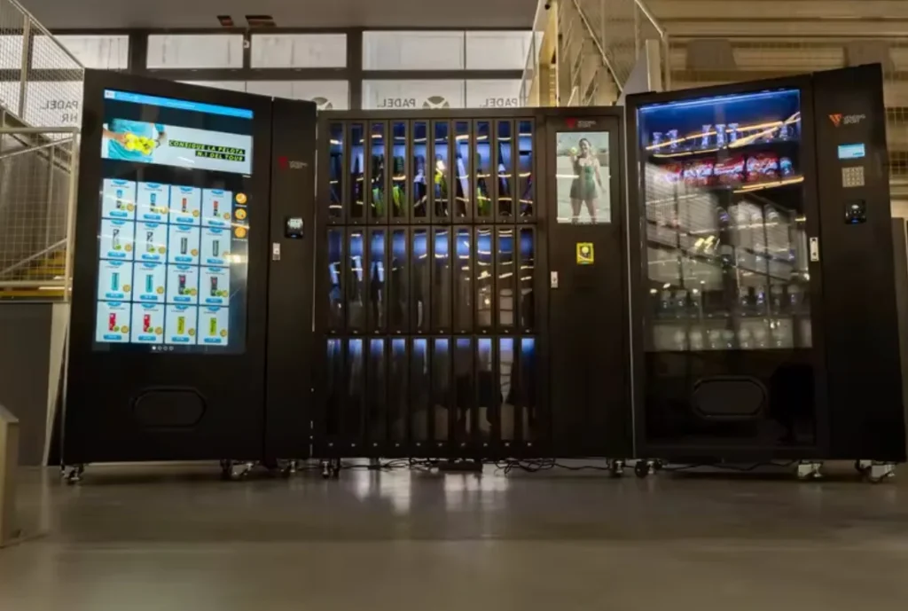 Vending machines at a padel club for drinks, accessories and racket rental