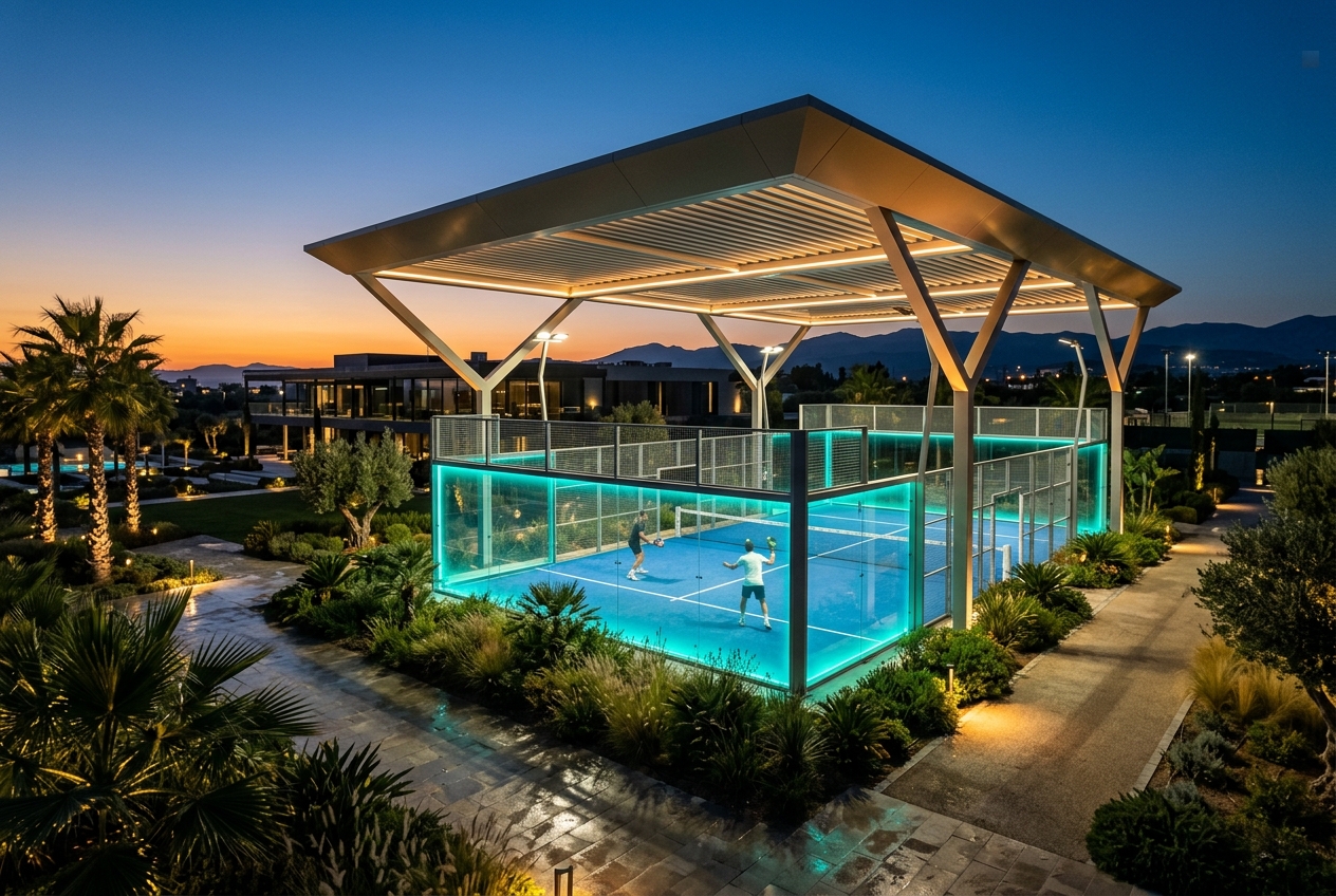 Finished covered padel court at a club at dusk
