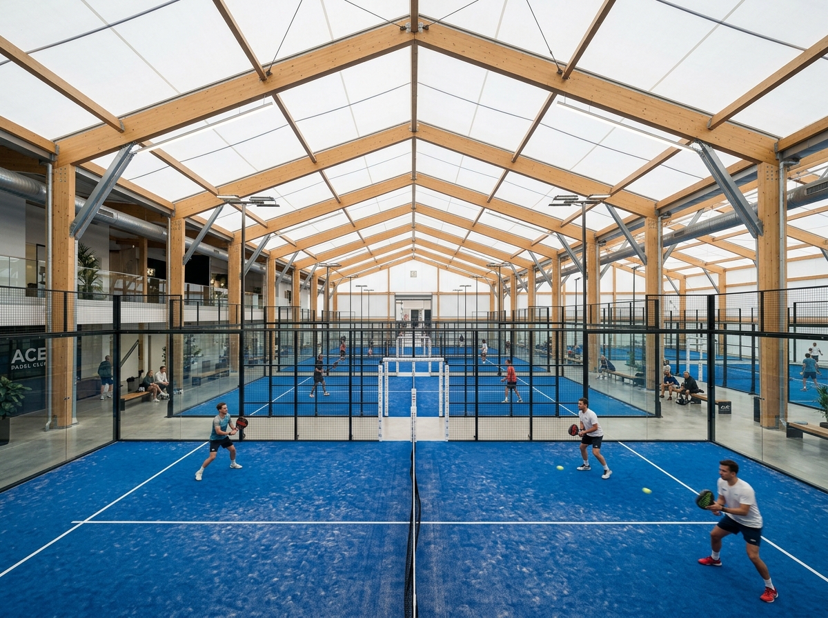 Multiple covered padel courts at a club