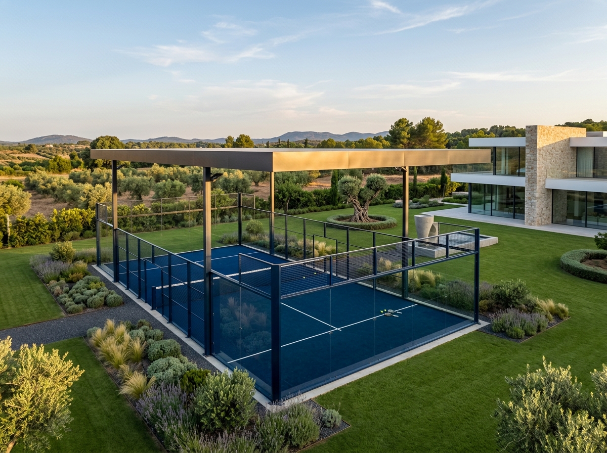 Private covered padel court in a villa garden