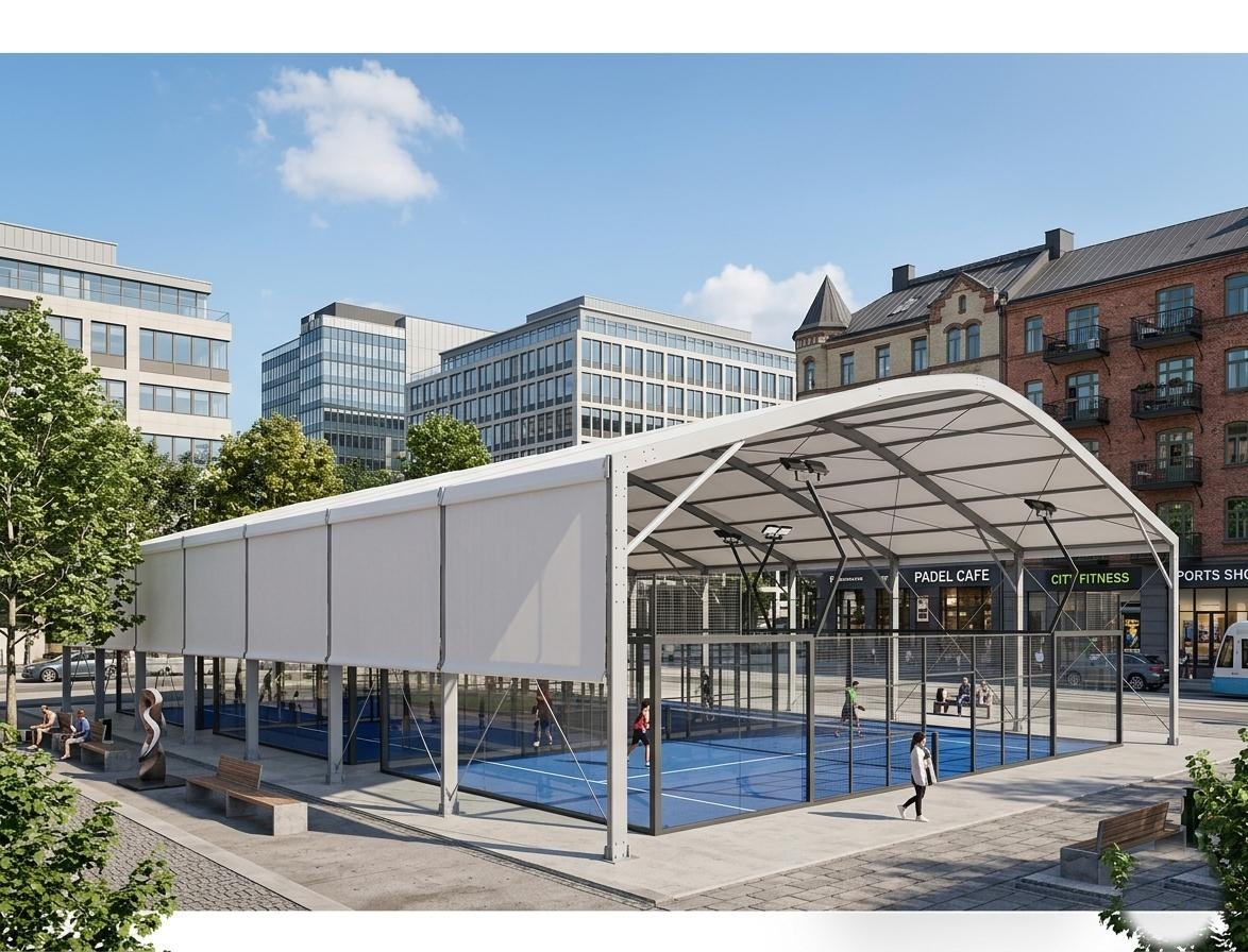 Single padel court under a curved white canopy structure in an urban setting