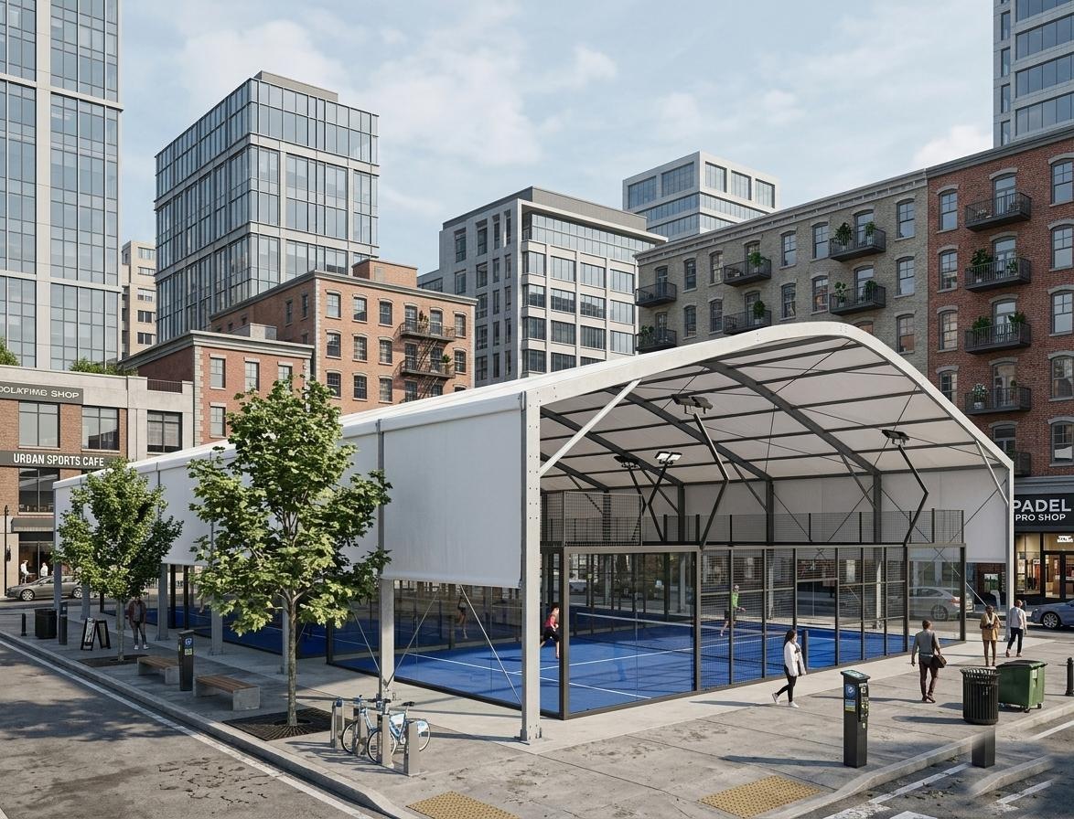 Single padel court under a curved canopy structure beside a city street