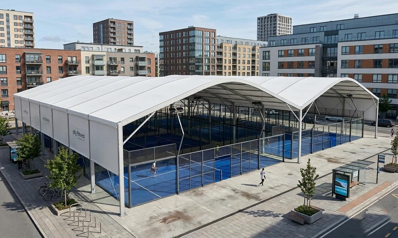 Aerial view of two padel courts under a curved white canopy structure