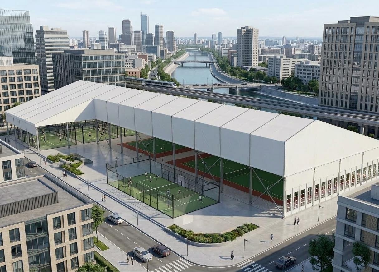 Padel and multi-sport courts under an L-shaped gable canopy structure in a city