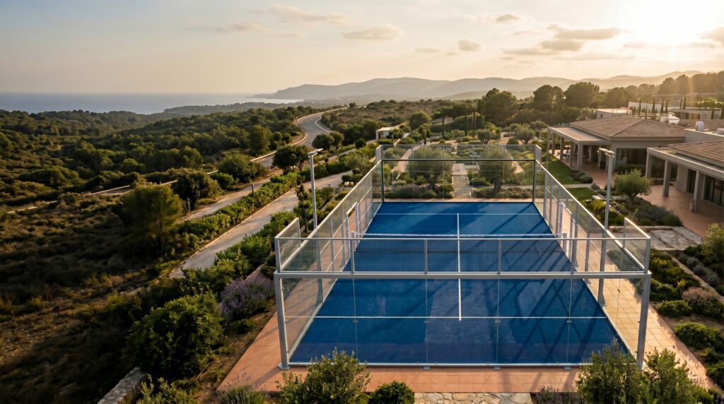 Aerial view of a standard padel court showing its 20 by 10 metre rectangular layout, glass walls and net