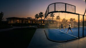 Panoramic padel court at dusk — Dream Courts