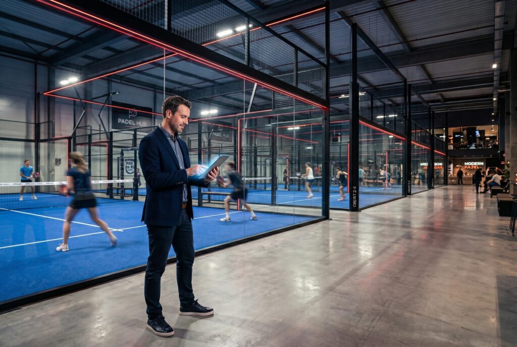 Padel club manager using KITTECH analytics on a tablet beside smart courts