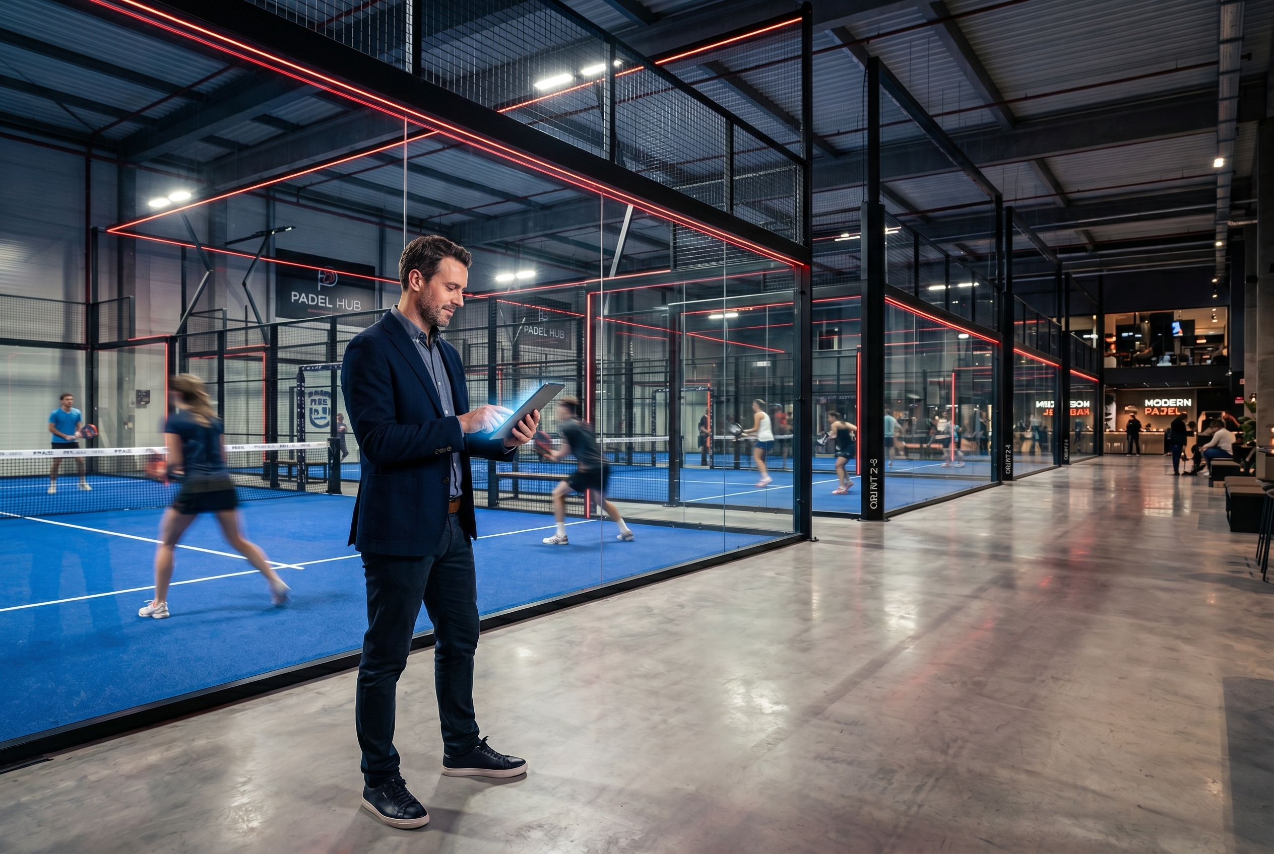 Padel club manager using KITTECH analytics on a tablet beside smart courts