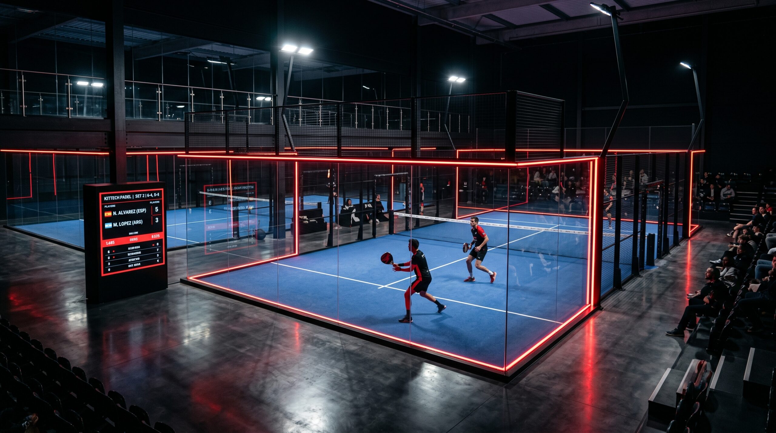 KITTECH smart padel court at night with red neon lighting and a courtside scoreboard totem