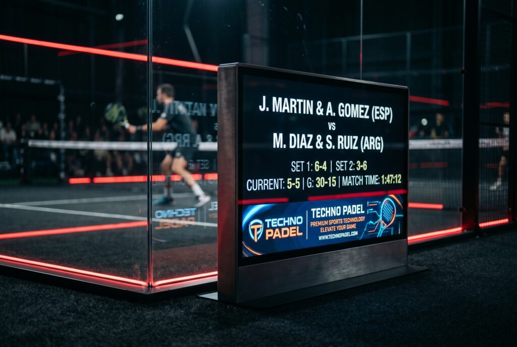 KITTECH courtside totem screen showing a live padel scoreboard and advertising