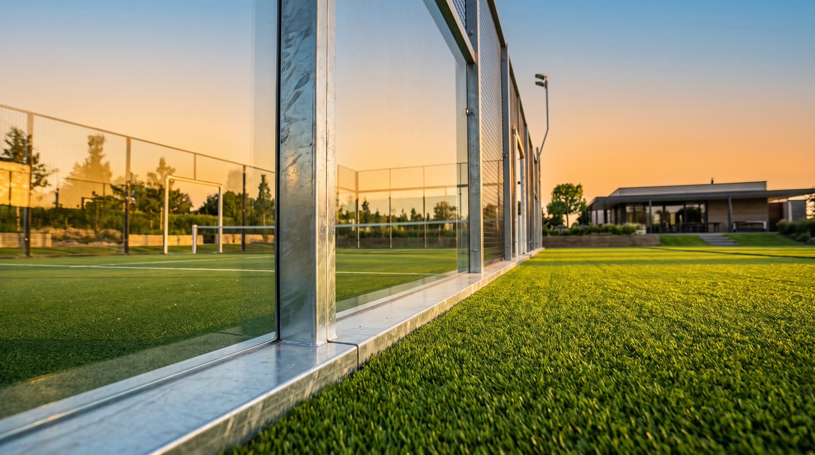 DC-VISTA panoramic padel court tempered glass and galvanised steel frame detail, sunset