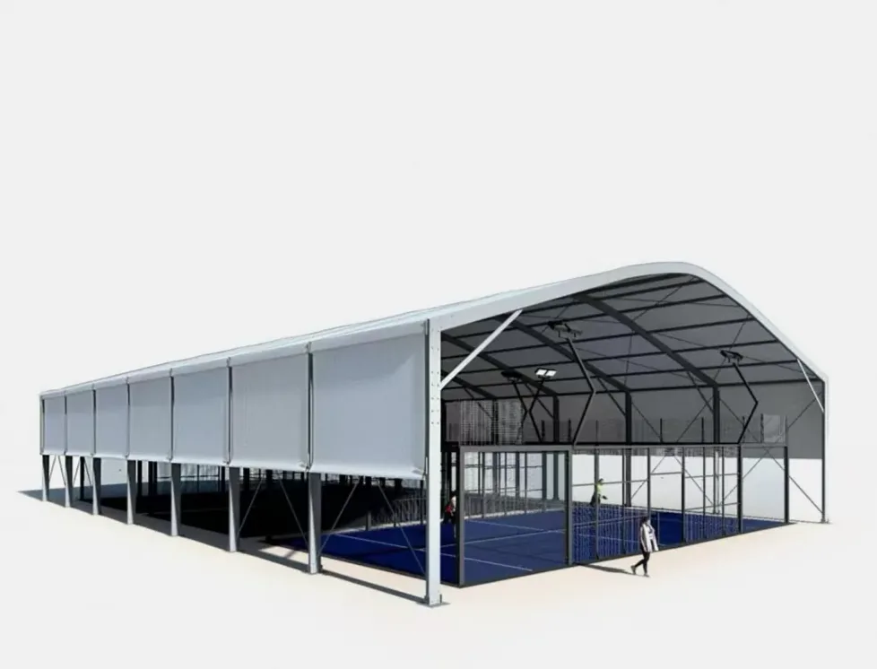 Custom aluminium padel court canopy render: curved roof over a padel court with open sides
