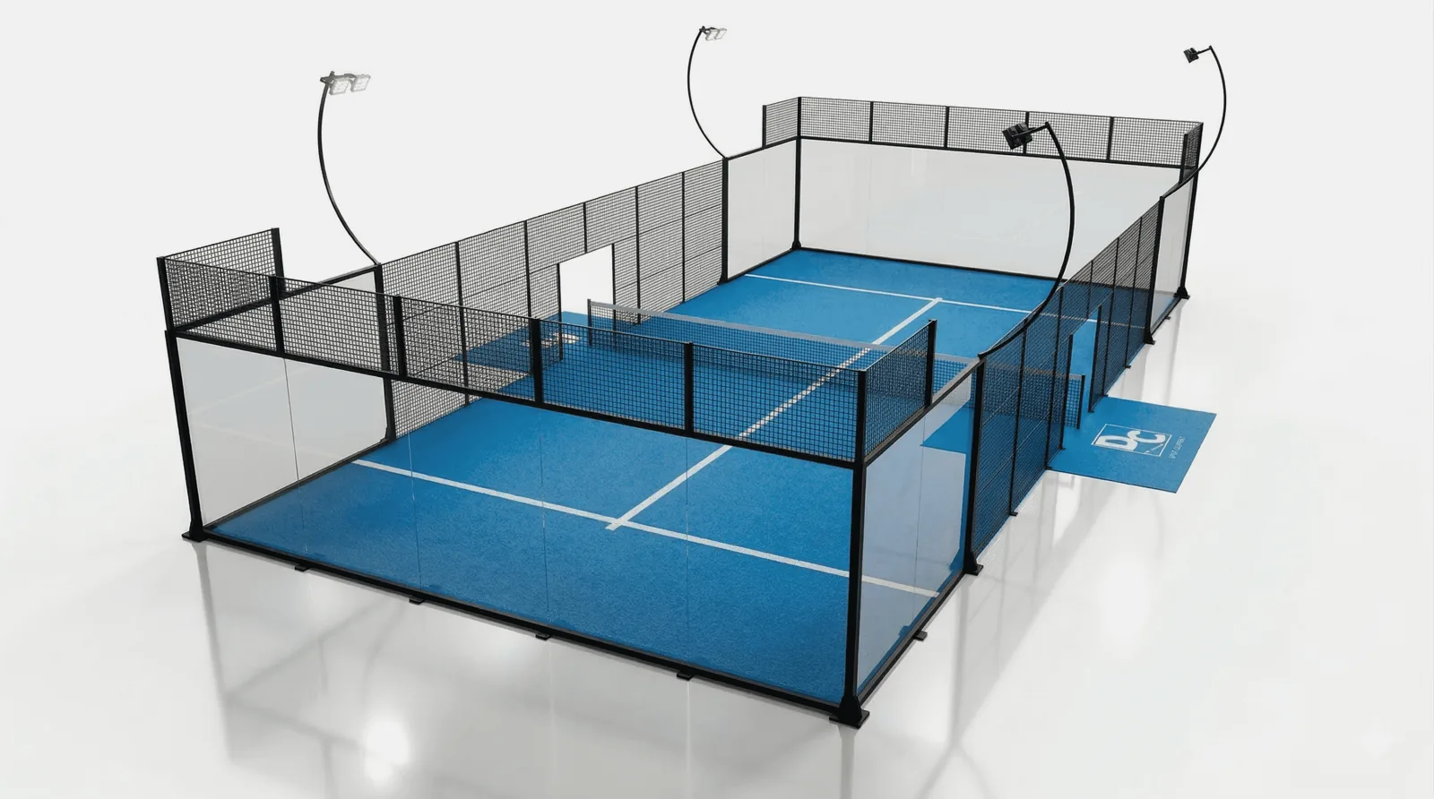 Panoramic padel court render with glass sides for spectator visibility