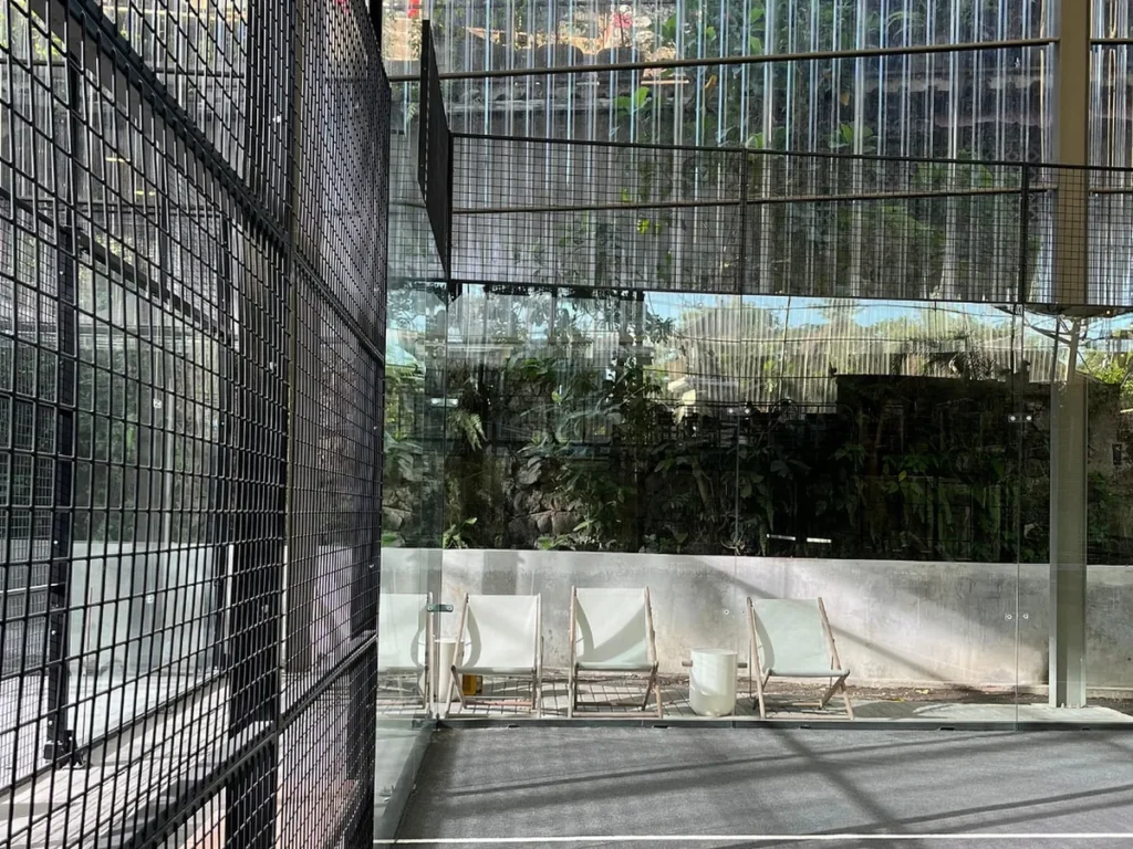 Padel court tempered glass walls and wire mesh built by Dream Courts in Bali