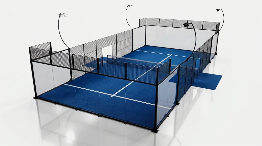Panoramic padel court render with blue turf