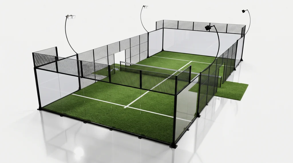 Panoramic padel court render with green turf