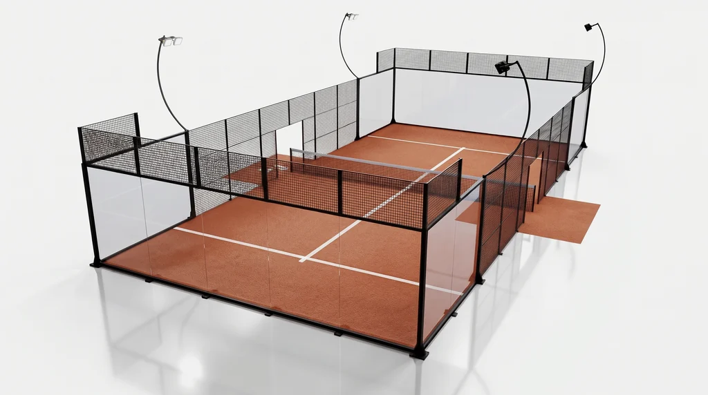 Panoramic padel court render with terracotta turf