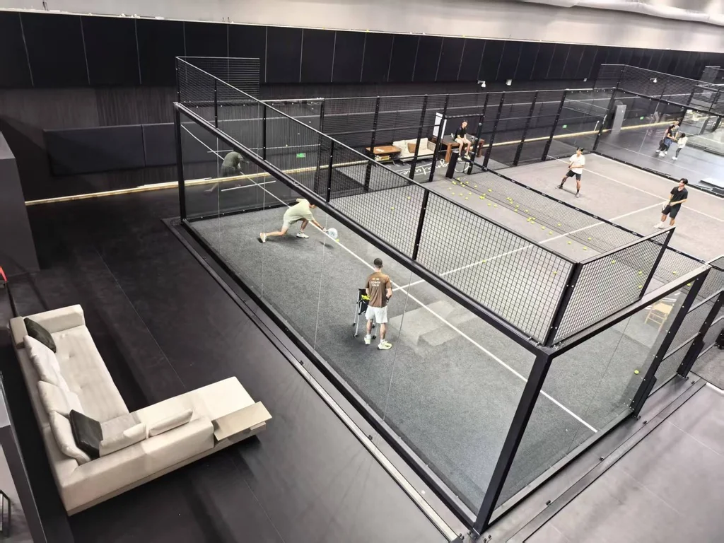 Indoor padel courts by Dream Courts in Beijing seen from above, players on court